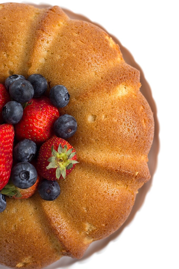 looking down at a pound cake made in a bundt pan