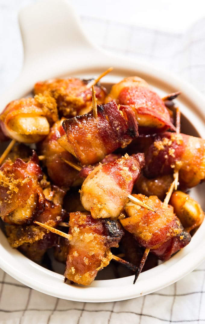 Bacon Wrapped Chicken Bites with brown sugar ready for serving