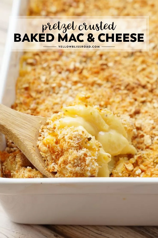 Baked Mac and cheese in a casserole dish with title text.