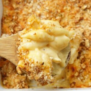 Dish filled with baked macaroni and cheese