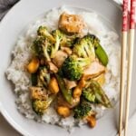 A plate Broccoli and Cashew Chicken