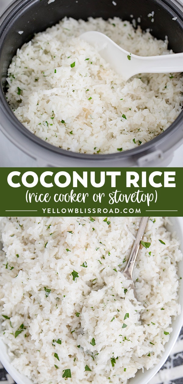 Coconut rice recipe collage of two photos