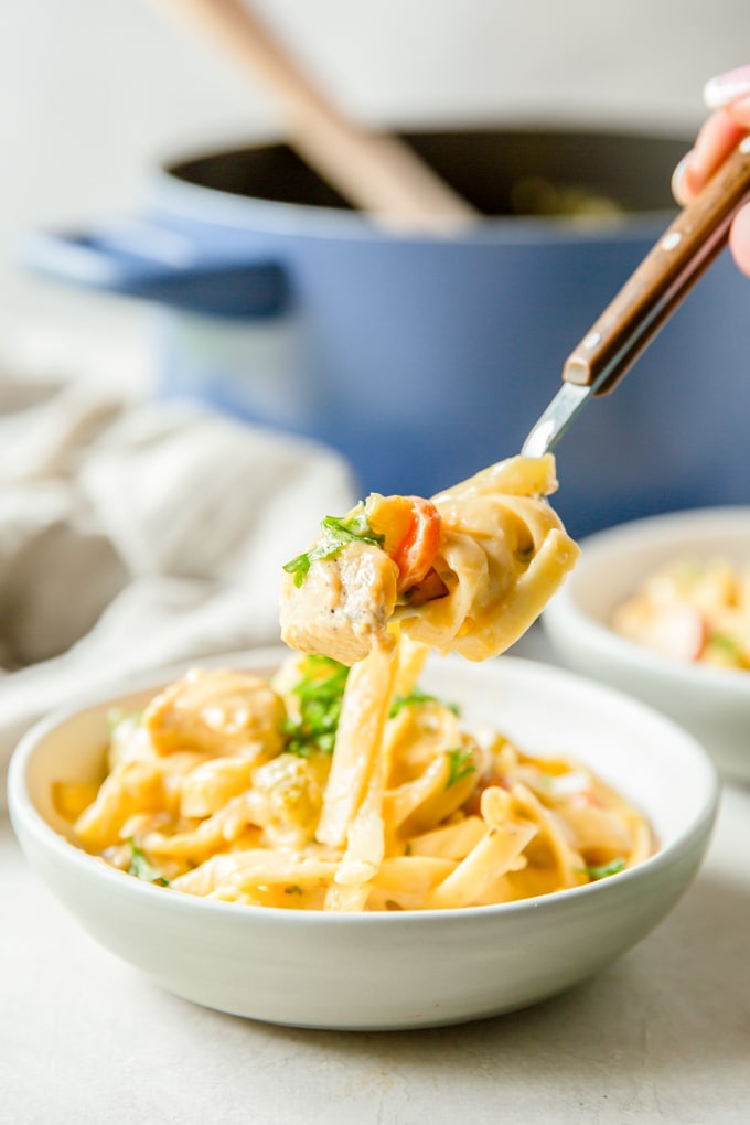 A fork taking a bit of chicken and noodles from the bowl; a blue pot in the background.