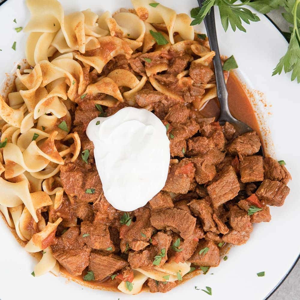 a square image of a white bowl with hungarian beef stew, egg noodles and sour cream