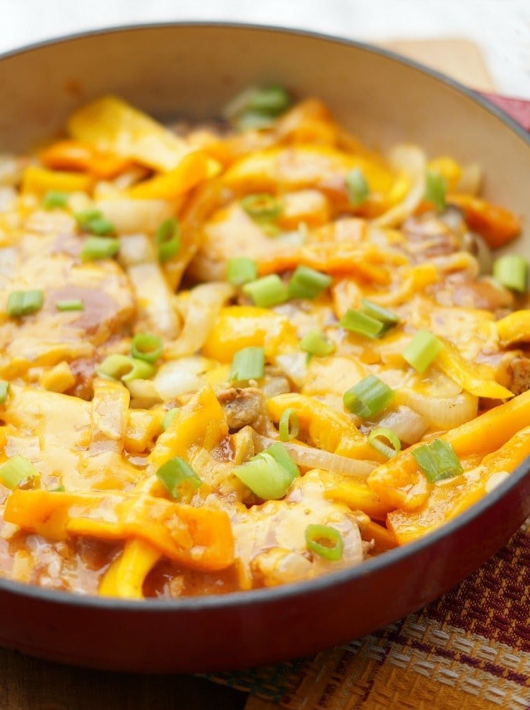 close up of one pot smothered pork chops