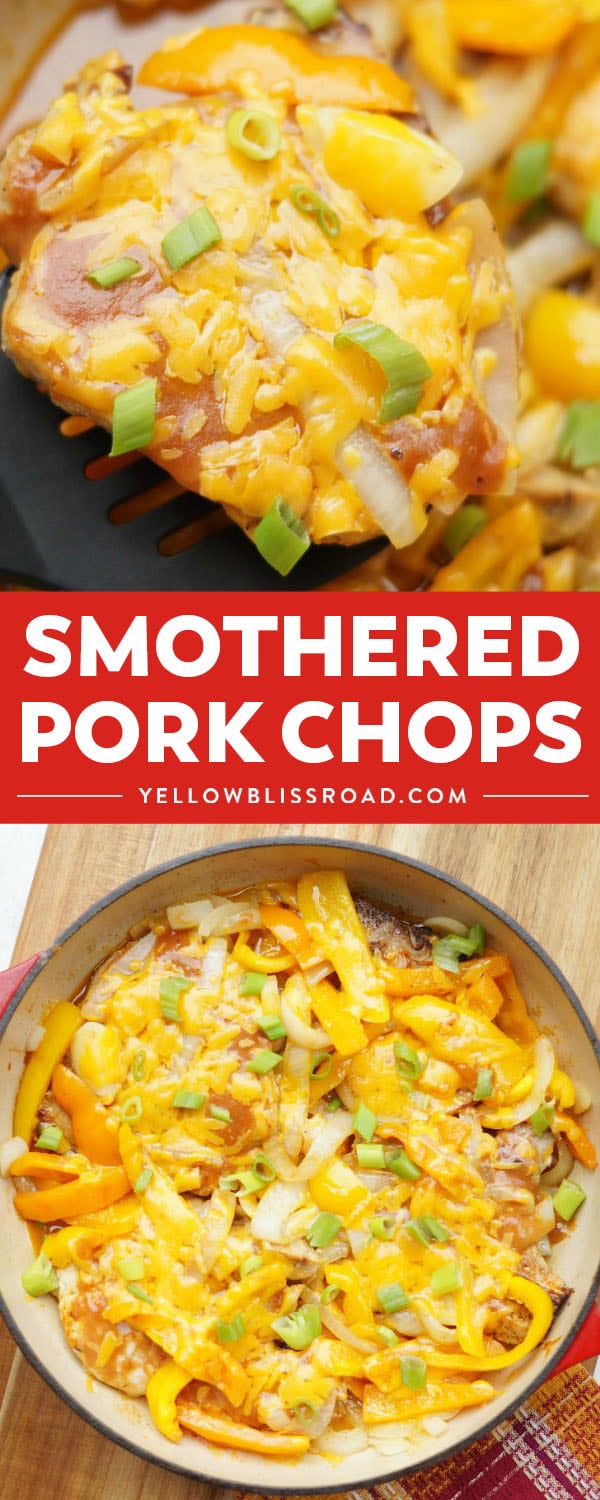 One Pot Smothered Pork Chops may just be the best pork chop dinner recipe you have ever had! Smothered in peppers, onions, cheese & creamy bbq sauce you won’t believe how good these pork chops are!