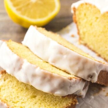 Sweet lemon bread, sliced, with lemon glaze.