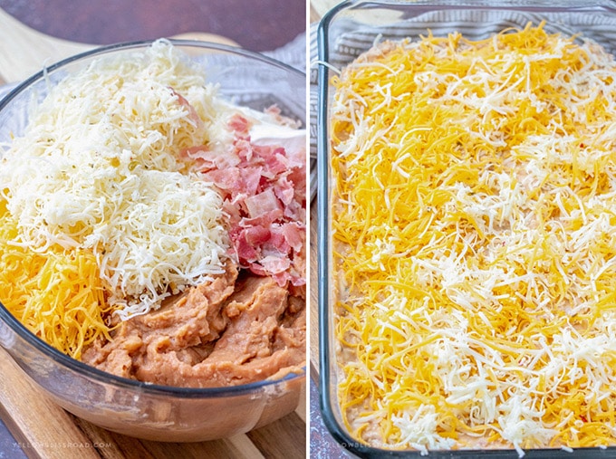 A bowl of ingredients for Refried Bean Dip