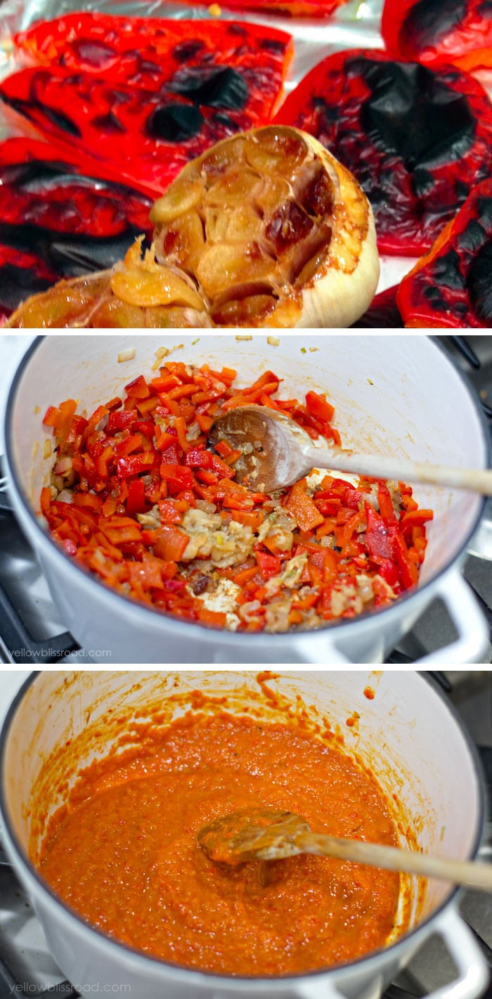 a collage of three images showing how to roast pepper and make red pepper alfredo.