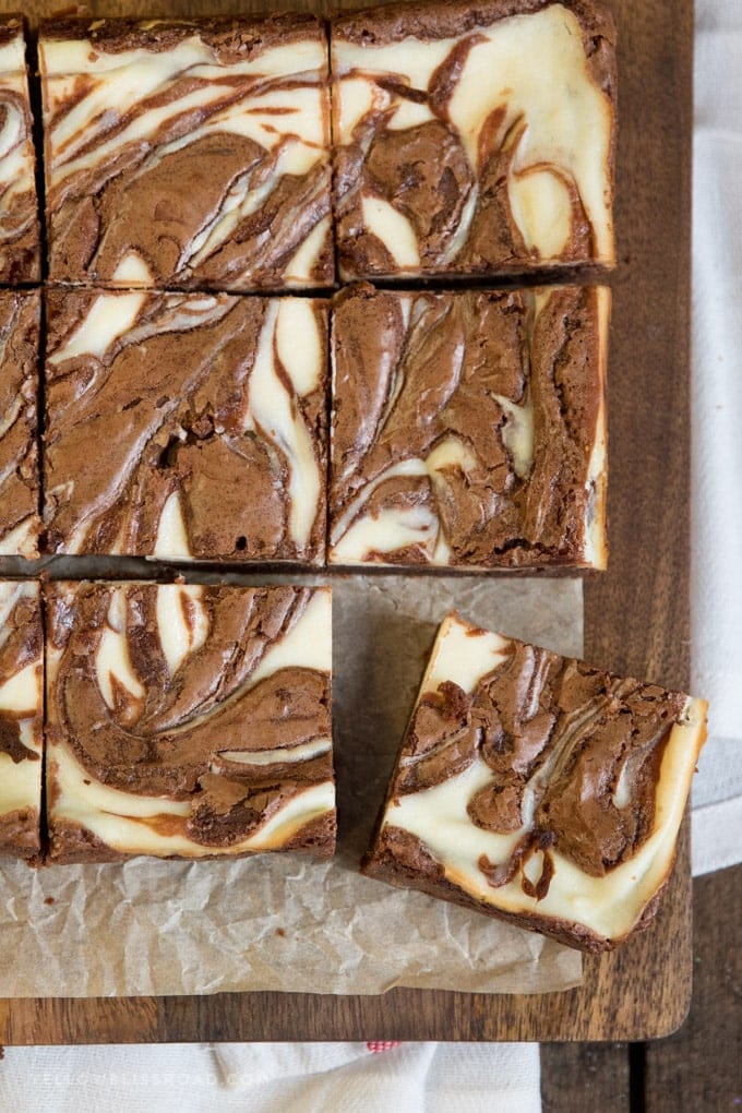 Cream Cheese Brownies cut into squares.