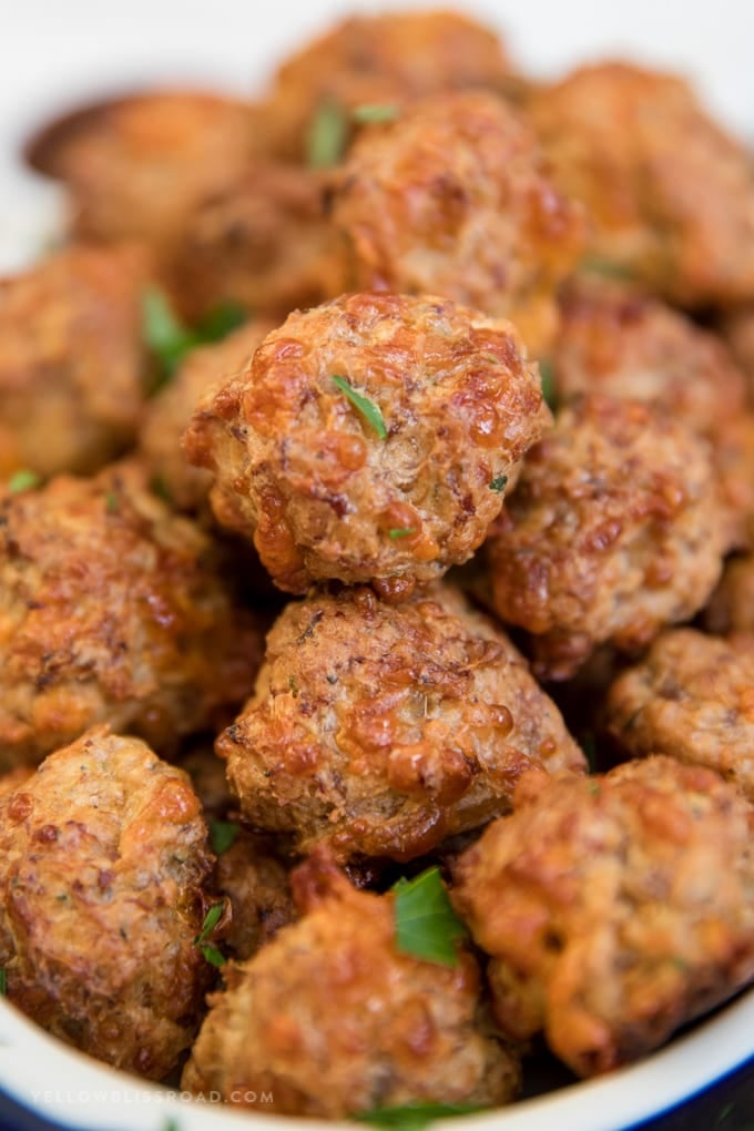 Cream Cheese Sausage Balls (Bisquick Sausage Balls) up close in a serving dish.