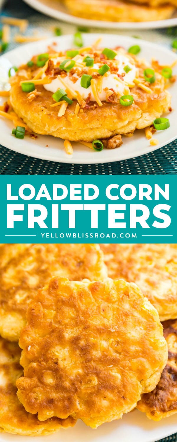Loaded Corn Fritters are a light and fluffy corn cake topped with all the fixings making them a killer game day snack or dinner side dish!