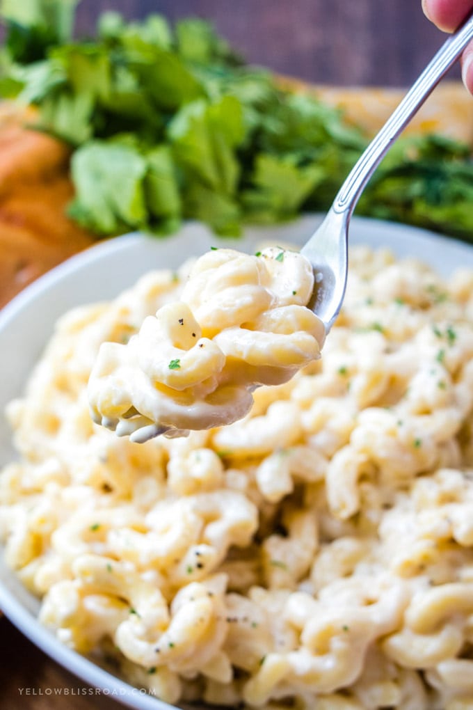 A bite of One Pot Mac and Cheese on a fork.