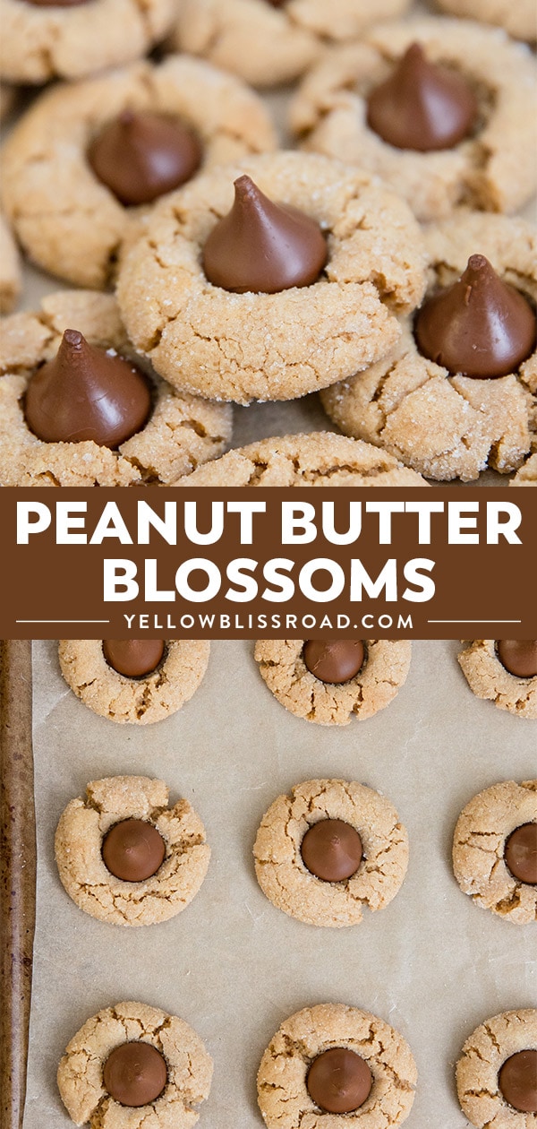 Peanut Butter Blossoms cookies in a collage with text.