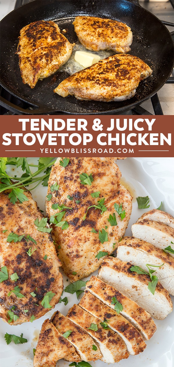Social media image of tender & juicy stovetop chicken