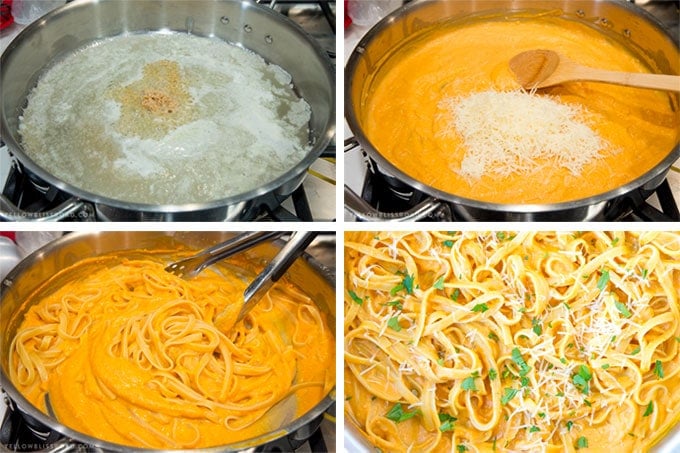 4 images depicting the steps for making pumpkin alfredo sauce
