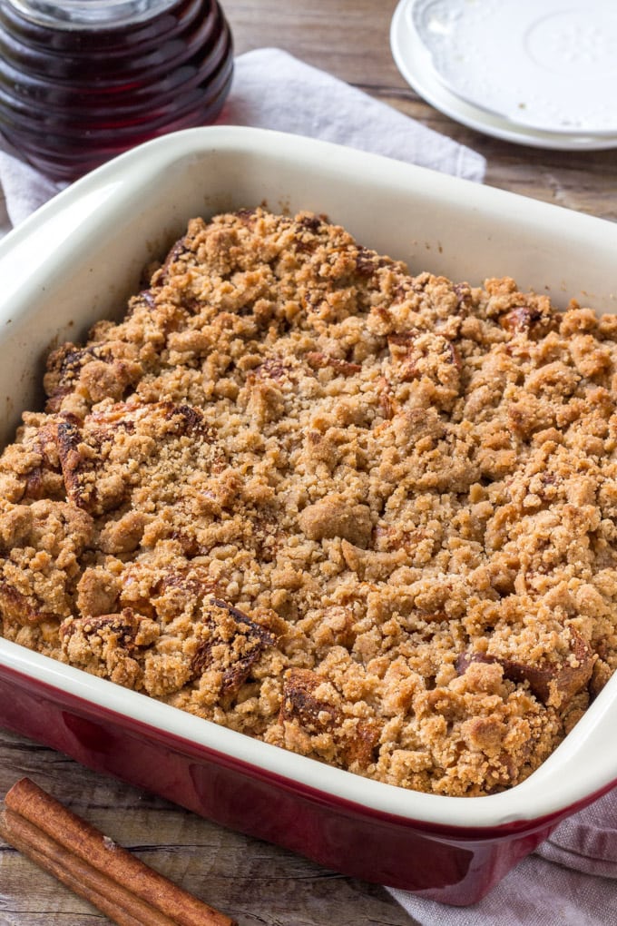 A casserole dish with a just baked french toast casserole.