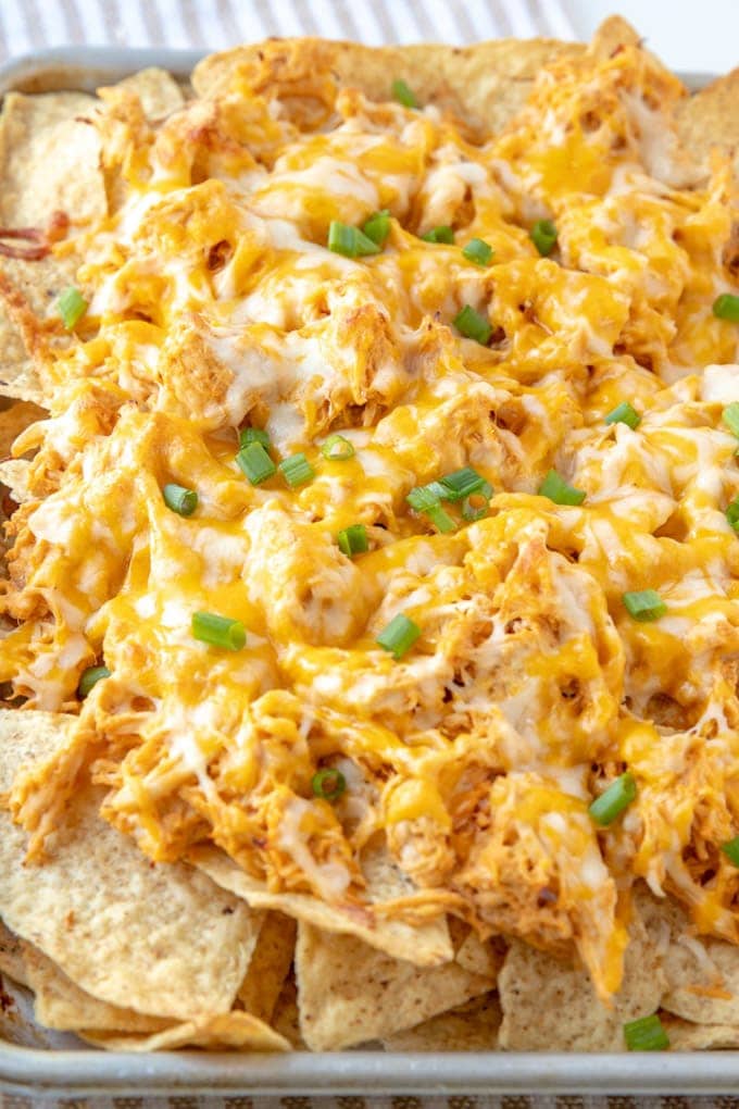 Healthier Buffalo Chicken Sheet Pan Nachos - Abra's Kitchen