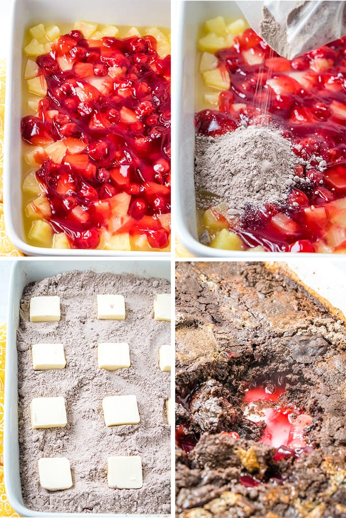 A collage of photos depicting how to make a chocolate cherry dump cake.