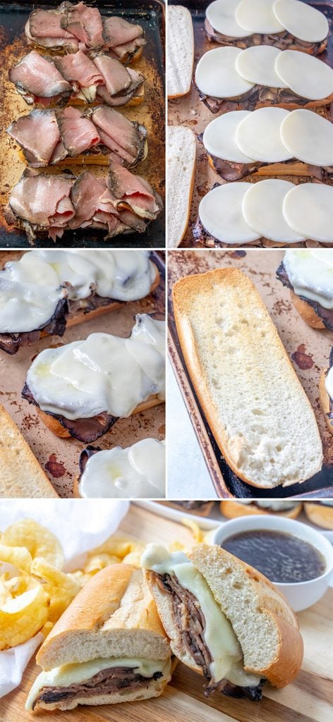 A collage of images showing how to make a baked French Dip Sandwich.