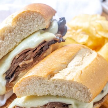 A french dip sandwich cut in half