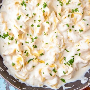 Pan full of garlic parmesan tortellini