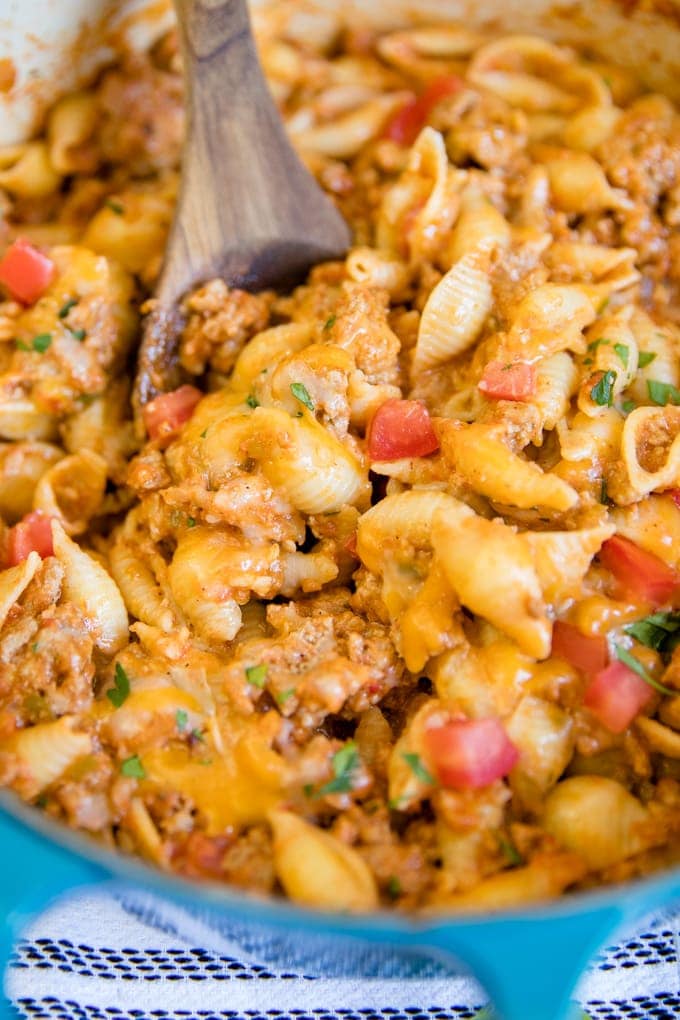 A scoop of ground turkey taco pasta.