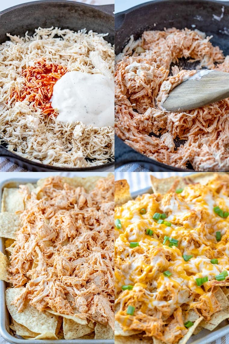 Buffalo Chicken Nachos - Crunchy tortilla chips loaded with chicken, drenched in a spicy buffalo ranch sauce and smothered in cheese! Your hungry game day crowd will love this easy appetizer! How to make buffalo chicken nachos.