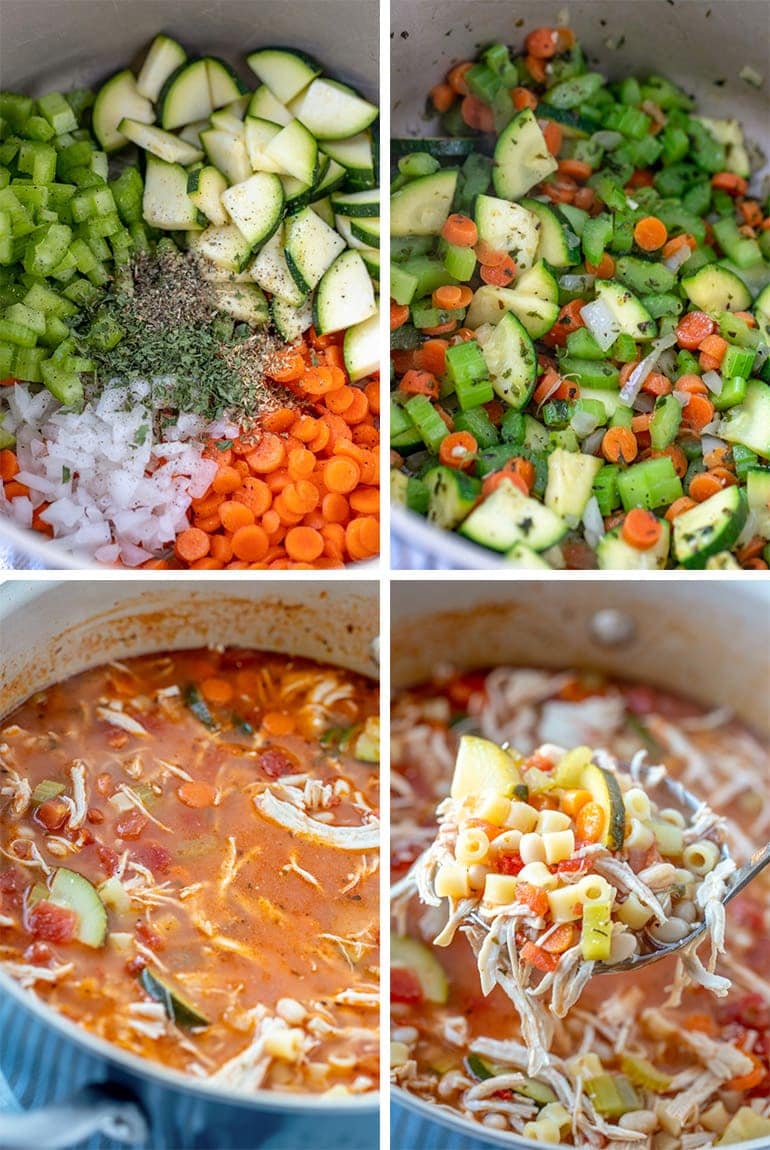 Ingredients to make chicken minestrone soup in a collage.