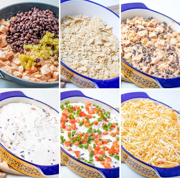 collage of images showing the steps for making mexican chicken casserole