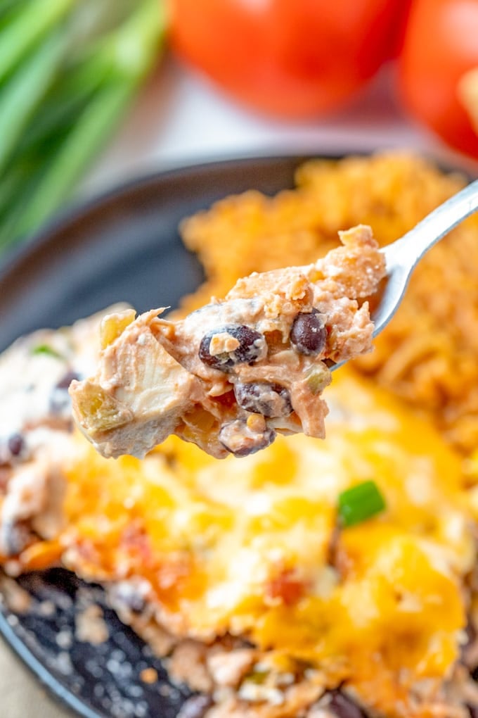 fork with chicken black beans and creamy sauce, casserole serving on a black plate, green onions, tomatoes, mexican rice
