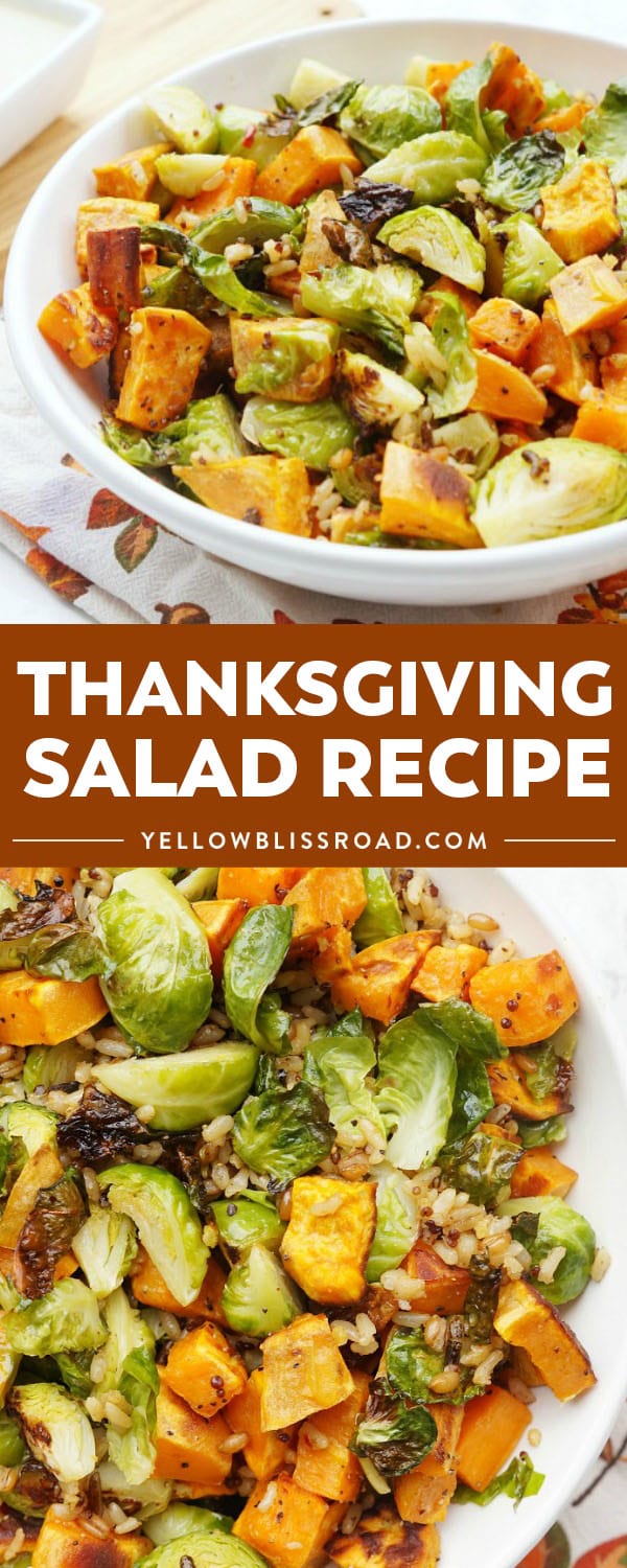 This delicious combination of roasted Brussels sprouts, sweet potatoes, and grains topped with a creamy apple vinaigrette is the perfect Thanksgiving Salad