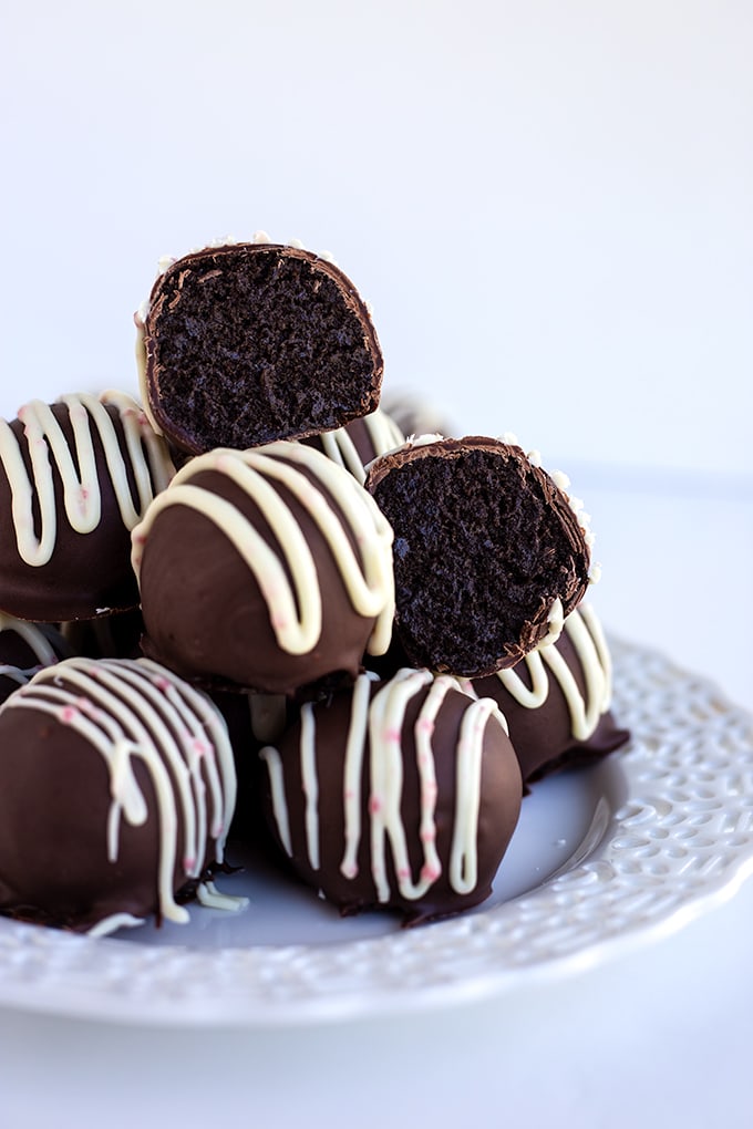 Peppermint oreo truffles on white plate