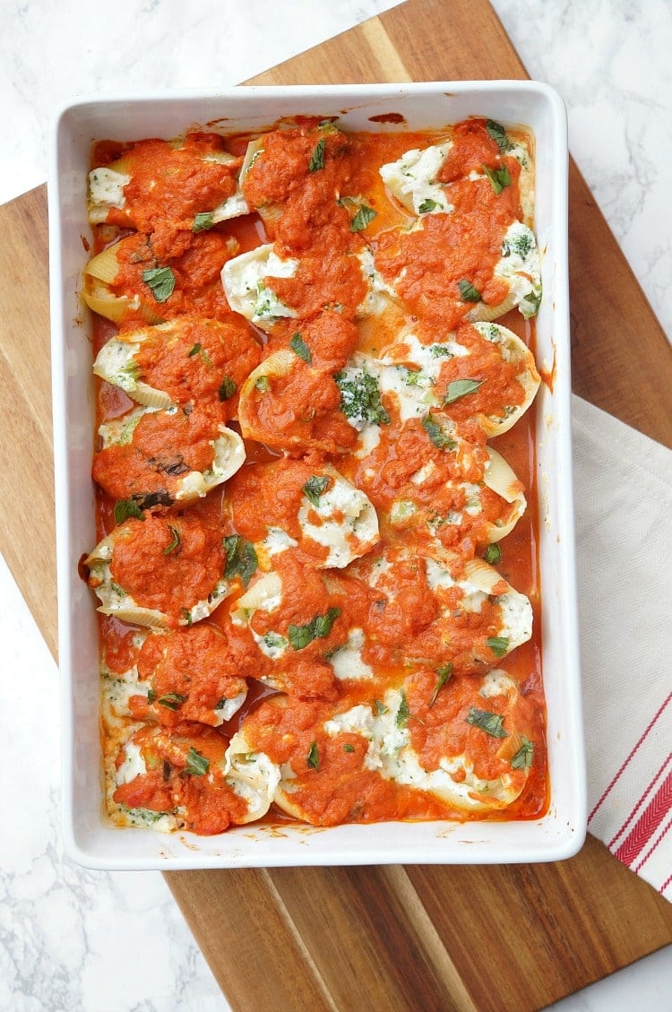 top shot of chicken and broccoli stuffed shells