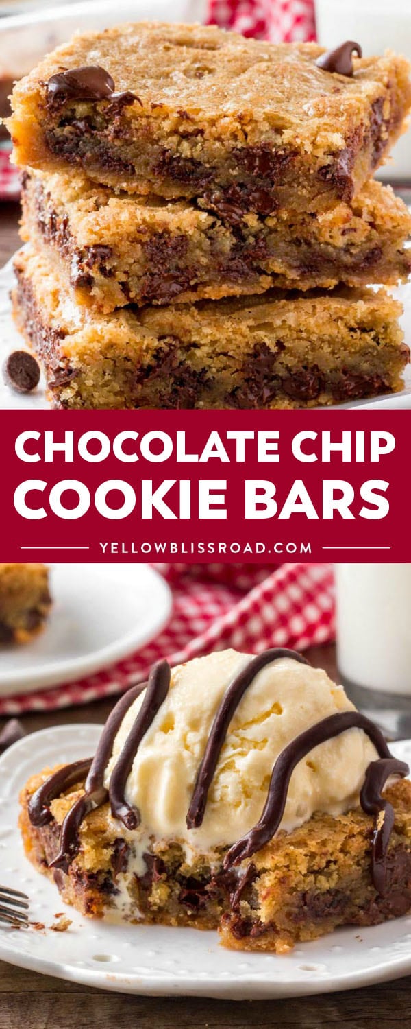 If you like chocolate chip cookies that are soft, chewy & extra thick - then you need to try these chocolate chip cookie bars. Quick, easy & feeds a crowd!