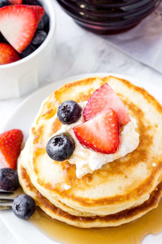 Overhead shot of a plate of Greek yogurt pancake recipe.