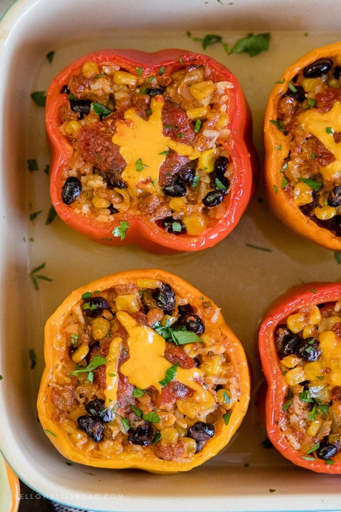 An overhead shot of Turkey Taco Stuffed Peppers in a pan.