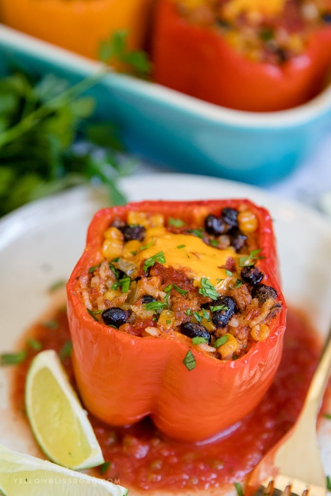Turkey Taco Stuffed Pepper on a plate with salsa and a wedge of lime.