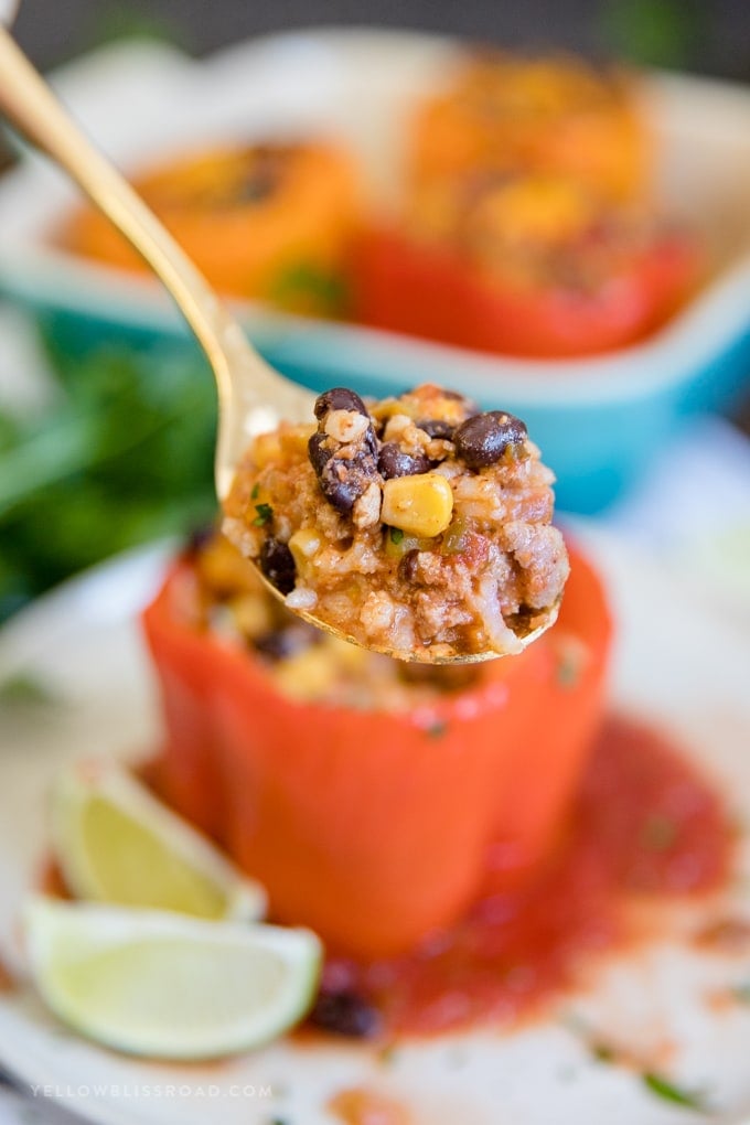 A bit of the filling from Turkey Taco Stuffed Peppers on a spoon.