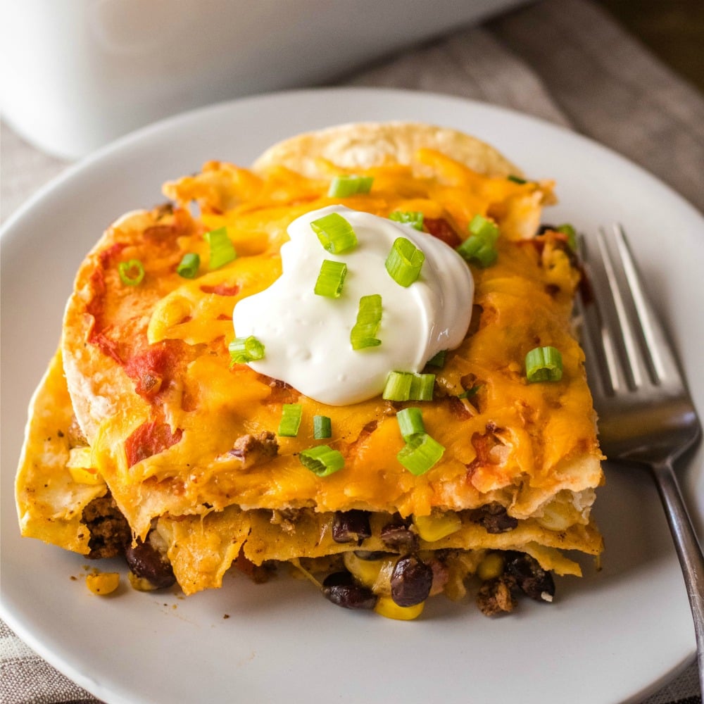 A plate of Mexican Lasagna