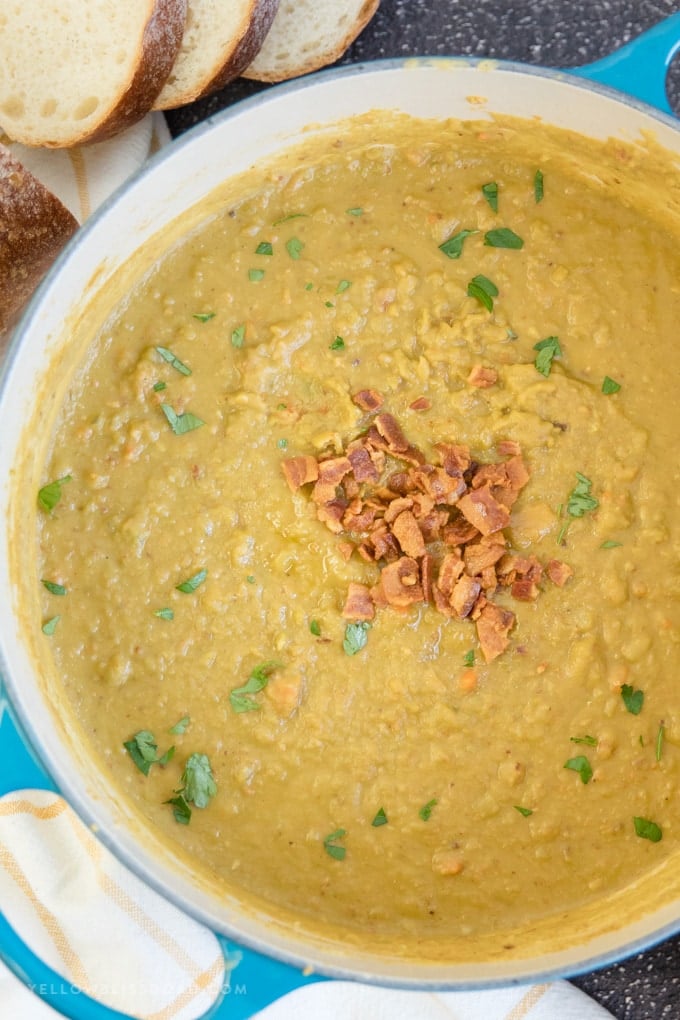 A large of of Split Pea Soup with bacon.