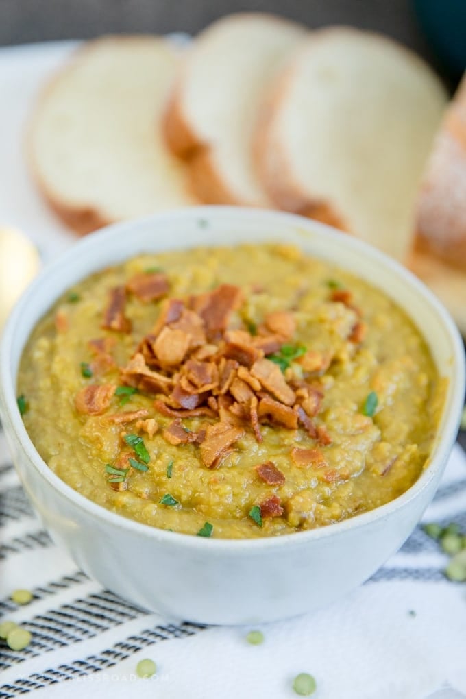 A bowl of Split Pea Soup Recipe with Bacon.