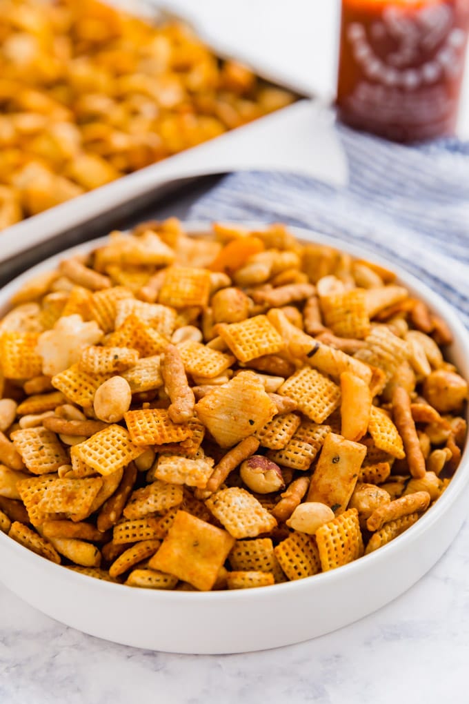 A bowl of Sriracha Chex Mix 