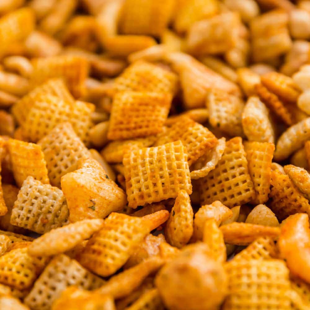 A square image of Sriracha Chex mix