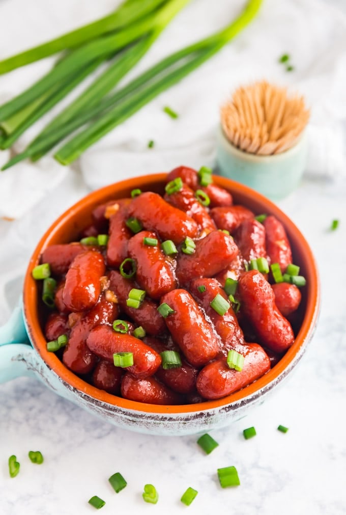 A bowl of slow cooker BBQ Little Smokies