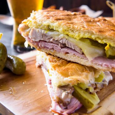 A Cuban sandwich cut in half