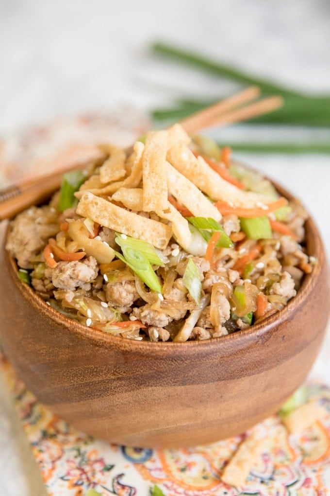 Egg Roll Bowl in a wooden bowl with chopsticks