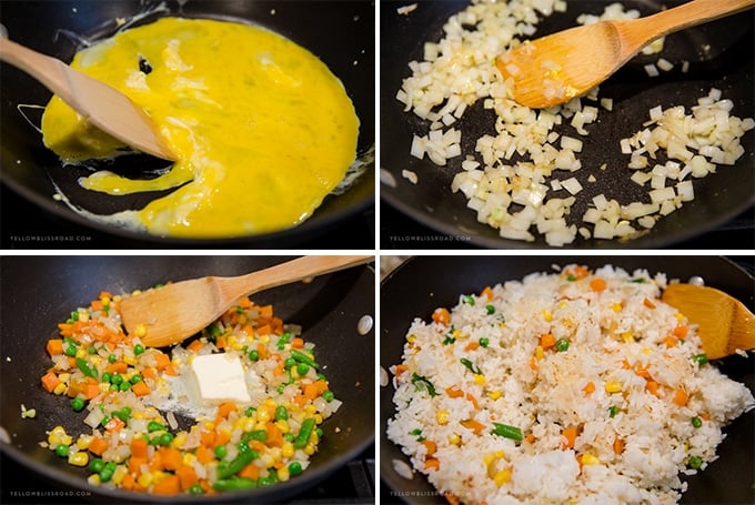 Four images showing the steps to make egg fried rice.