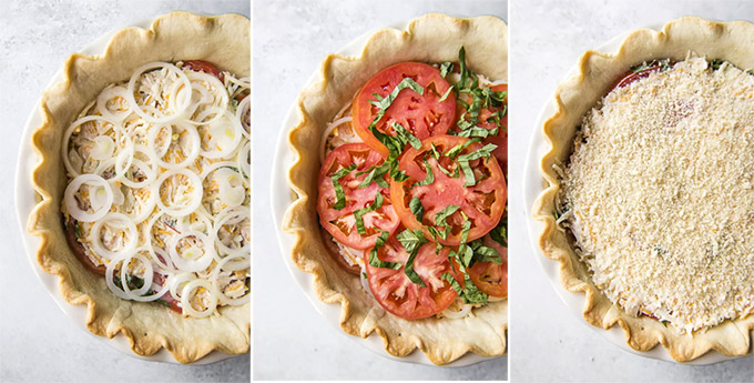 A collage with three photos depicting the steps for making a Tomato Pie.