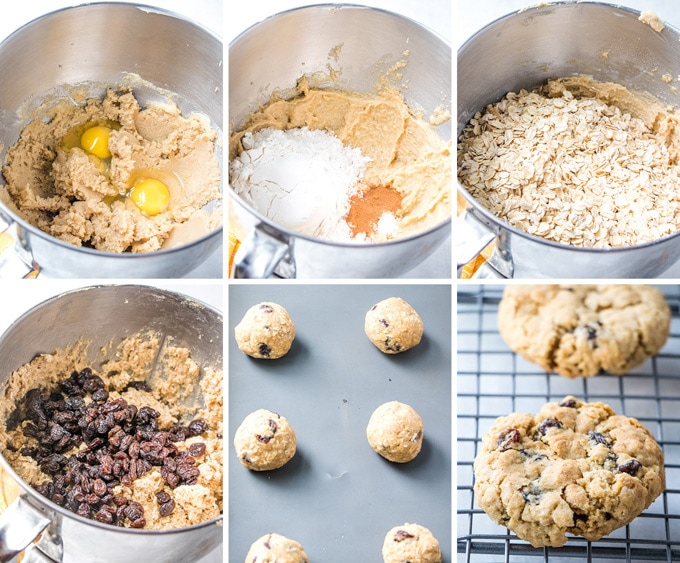 A collage of photos depicting how to make oatmeal cookies.